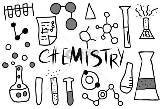 以涂鸦样式的化学字母和物体在白色背景上隔离的科学研究符号矢量说明图片