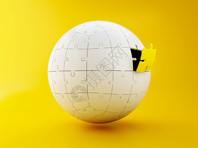 3d插图球形拼与黄色背景的断开片商业创造力和成功概念图片
