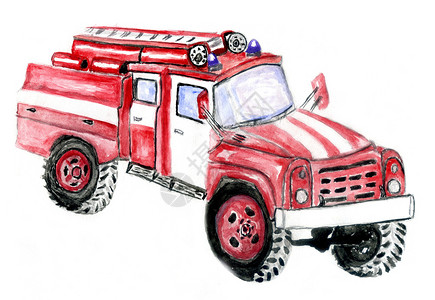 卡通消防车手画红色消防车插图画在水彩上背景