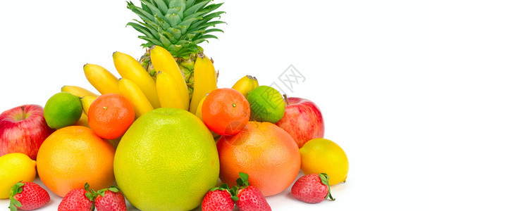 在白色背景上隔离的一组水果健康的食物宽广照片免费文本空间图片
