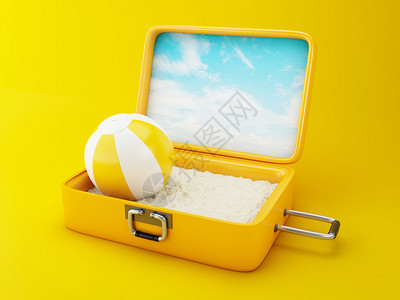 黄色旅行李箱中的海滩3d插图图片