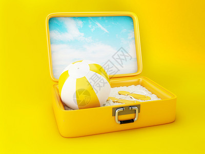 黄色旅行李箱中的海滩3d插图图片