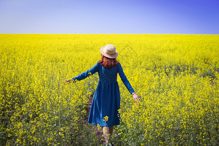穿着帽子的快乐女孩在乡村的黄色强暴种子田间行走图片