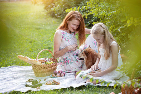 妈女儿和狗在野餐上合唱团图片