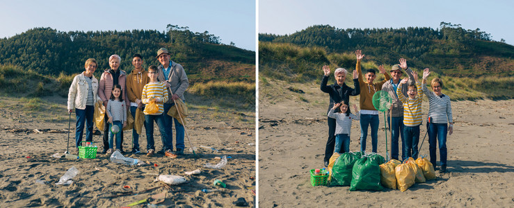 一群志愿者在清理海滩后摆出姿势图片