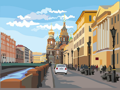 在圣彼得斯堡俄罗和河岸的血迹上救世主教堂的城市景象色彩多的矢量说明图片