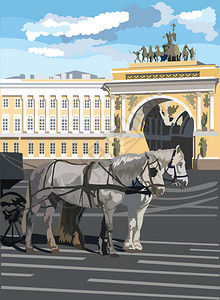 两匹马和车圣彼得斯堡宫殿广场的胜利拱门鲁西亚圣彼得斯堡的里程碑多彩矢量说明图片
