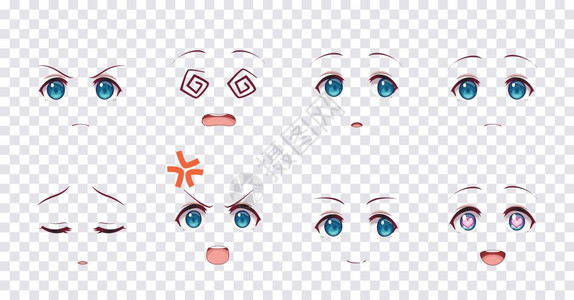 以日本风格呈现的动漫画女孩的蓝眼睛各种情感图片