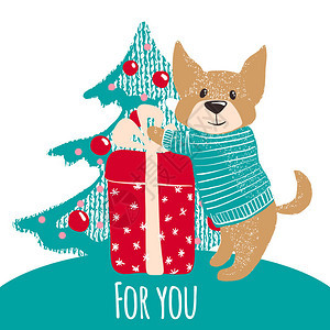 新年或圣诞节贺卡有可爱的手画狗穿着冬季温暖的毛衣配有礼物和圣诞树节明信片矢量说与可爱的狗贺卡新年和圣诞节图片