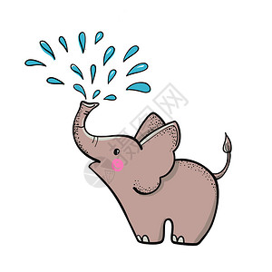 白色背景上的水婴儿淋浴贺卡t恤印等设计要素可爱的手画大象喷水插画