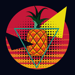 胚素具有几何元素抽象反向风格设计的黄橙菠萝基状插画