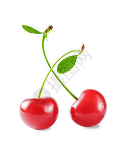 两种多汁的红樱桃莓配有花生和绿叶在白色背景特写上孤立的白色背景特写图片