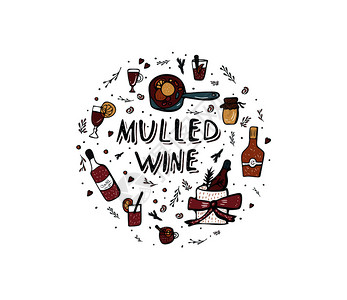 混合葡萄酒成分的矢量圆形成分涂鸦风格带有手写和饮料元素的徽章图片
