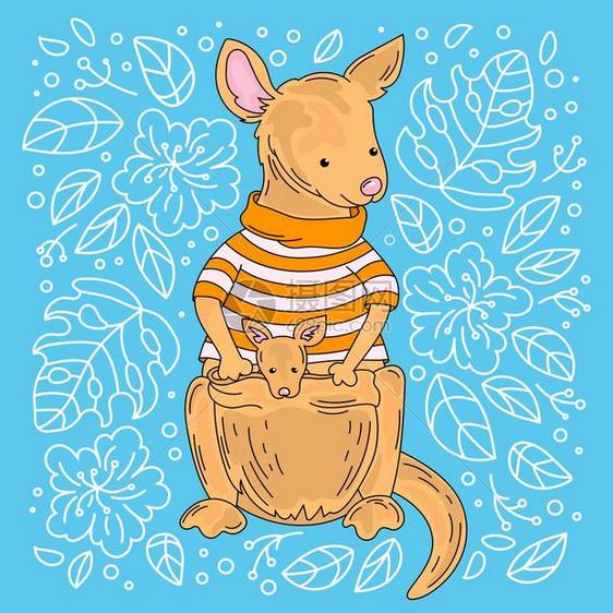 袋鼠澳洲动物漫画矢量插图集图片