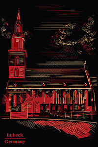 berlin的stmary教堂berlingermany地标上的berlin矢量图解以黑色背景上孤立的红色显示图片