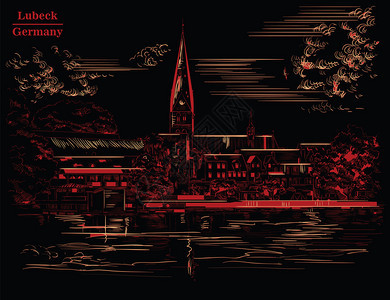 在德国的润滑剂中圣玛丽教堂上可以看到矢量单色图解以红显示孤立在黑色背景上图片