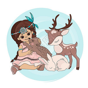 卡通可爱印第安女孩与麋鹿图片