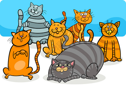 猫小可爱动物角色组的漫画插图图片