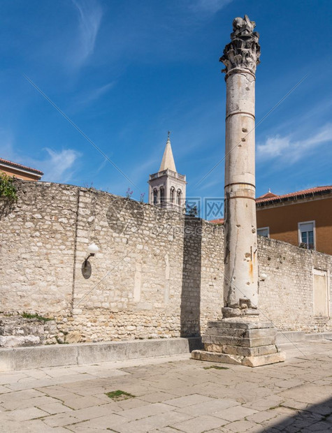 在Croati的古老城市Zadr的钟楼和羞耻柱子图片