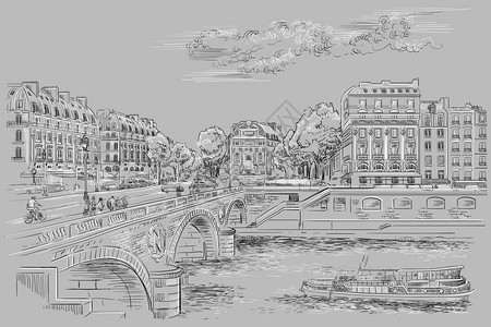 城市风景圣迈克尔桥和帕里斯街矢量图解以灰色背景的黑白颜绘制以灰