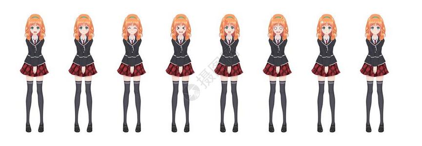 animeg女孩日本风格的卡通人物穿黑衣的学生女孩笼子里的红裙一系列情绪游戏视觉小说的全长字符背景图片