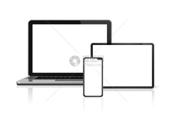 3d将膝上型电脑平板和话机模拟装置隔离在白色背景上面带空屏幕图片