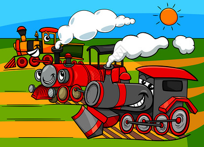 轨道玩具火车滑稽蒸汽机火车运输字符组的漫画插图插画