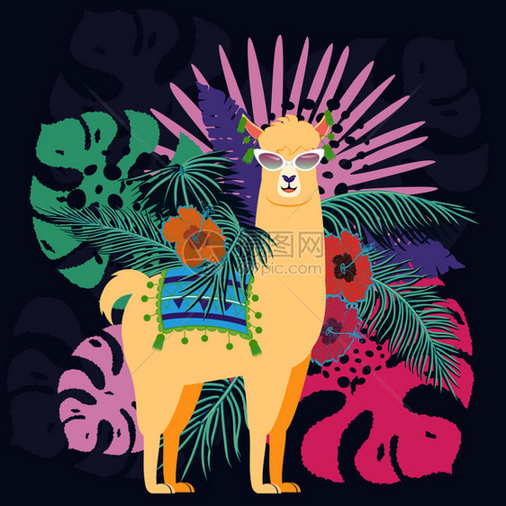 可爱的骆驼热带树叶和花朵设计图片