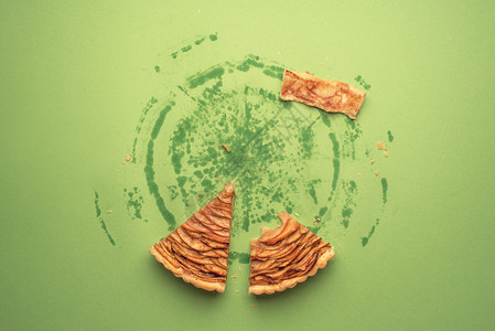吃苹果馅饼的概念与咬碎馅饼和一个整体油脂痕迹在绿色背景上面的食用甜糕点物品图片
