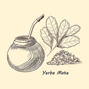 叶尔巴兄弟饮用传统南美料卡拉巴什香肠奶油茶雕刻风格的矢量插图图片
