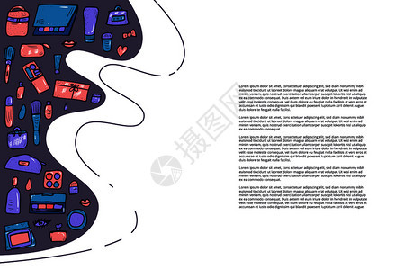带有美容项的矢量背景一套涂鸦风格的化妆工具收藏横幅模板图片