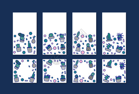一套带有仙人掌的社交媒体模板涂鸦风格网络的家庭植物组成故事背景和文章矢量图解图片