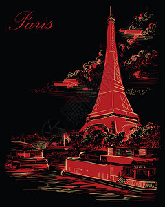 eifl塔帕里斯弗朗塞的矢量图解巴黎的地标有塔城市景色安全河堤的景色矢量图解以黑色背景上孤立的红色显示图片