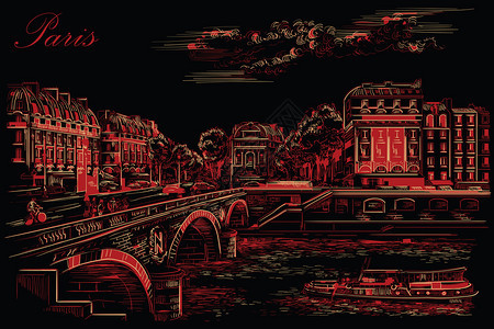pontsaimchel桥parisfnce的矢量图解pais的地标城市风景圣michel桥和帕里斯街矢量图解以黑色背景隔离的红图片
