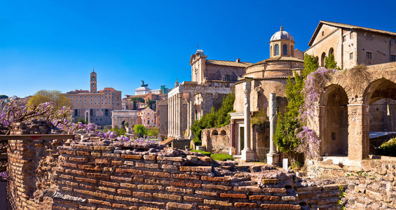 在意大利首都罗马风景优美的春季中历史悠久的罗马论坛图片