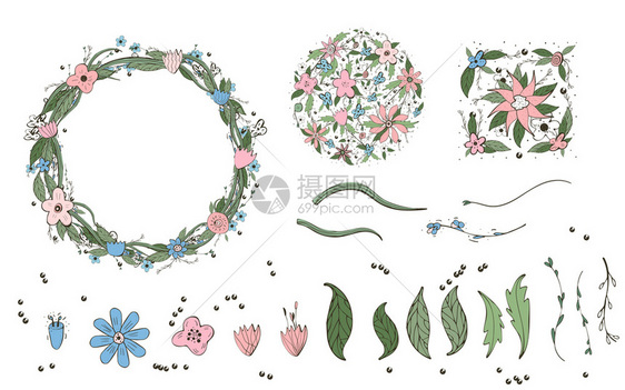 白色背景上隔离的野花元素圈圆徽章方形组成和涂鸦风格的其他花朵矢量润滑图片