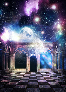 星系纹理和满月的神秘古老大厅3D演示此图像的元素由NAS提供图片