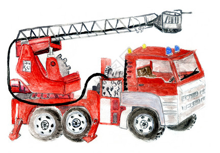 卡通消防车手画红色消防车插图画在水彩上背景