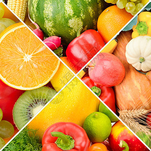 收集水果和蔬菜的明亮背景照片拼贴图片