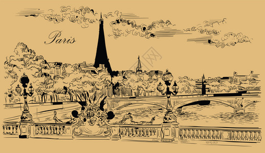 eifl塔parisfnce的矢量图解paris的地标带有eifl塔和pontalexndri的城市风景河堤的sein河堤的视图图片
