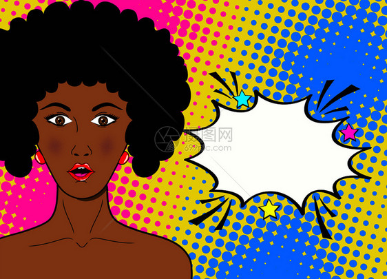 口开和言语泡沫的非洲女流行艺术复古漫画风格的矢量背景多彩图片