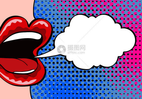 poartefont连环漫画风格矢量插图关闭妇女正在说话的妇女和红色嘴唇语言泡沫图片