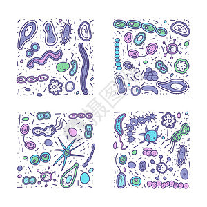 细菌胞平方横幅微生物收集矢量涂鸦风格成分图片