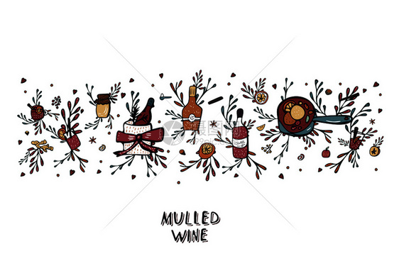 混合葡萄酒元素和对象的矢量组以涂鸦样式构成图片