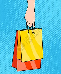 销售妇女手中的包装袋流行艺术反向矢量黑色星期五和假日销售商店的客户图片