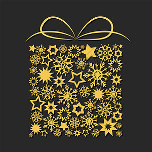 金色礼物盒带金星和深底雪花的礼物盒圣诞快乐的新年贺卡股票矢量插图插画