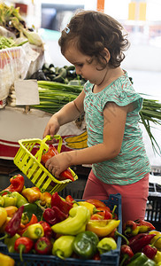 儿童在蔬菜市场往篮子里收集胡椒图片