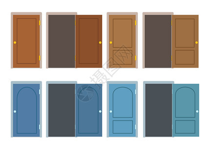 以棕色和蓝不同位置关闭和打开的一组门卡通矢量平式插图图片