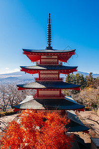 秋天在红色的古吉托塔后面藏着蓝天和红色的树在川口果附近的fujiyoshda图片