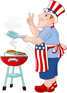 有趣的男人叔萨姆帽子做一个汉堡包在烧烤炉图片